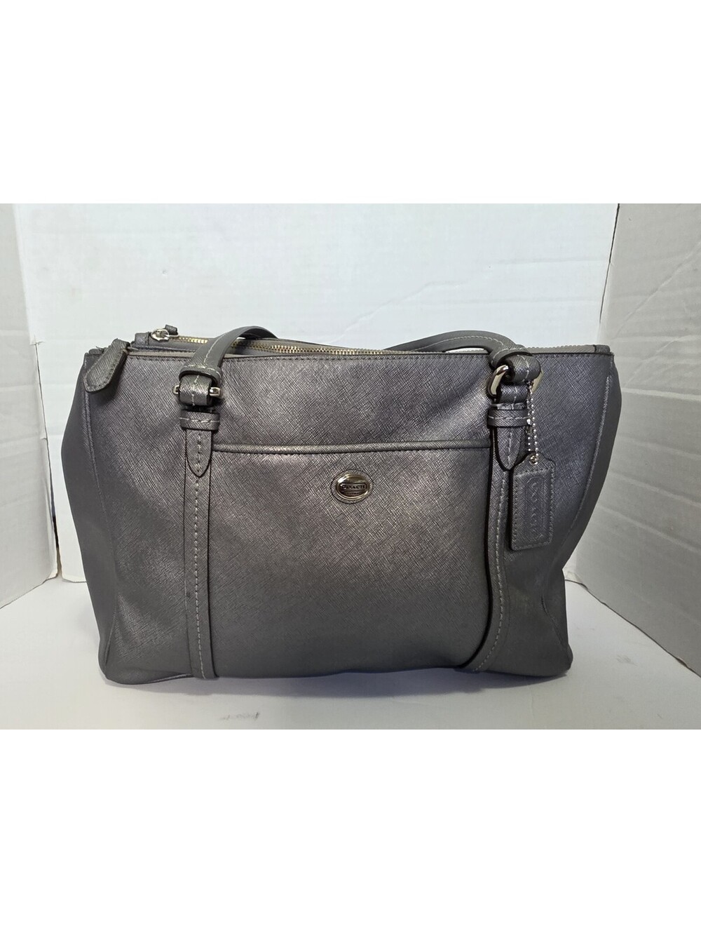 Coach Peyton Jordan Carryall F25669 Metallic Pewter Leather Double Zip Tote